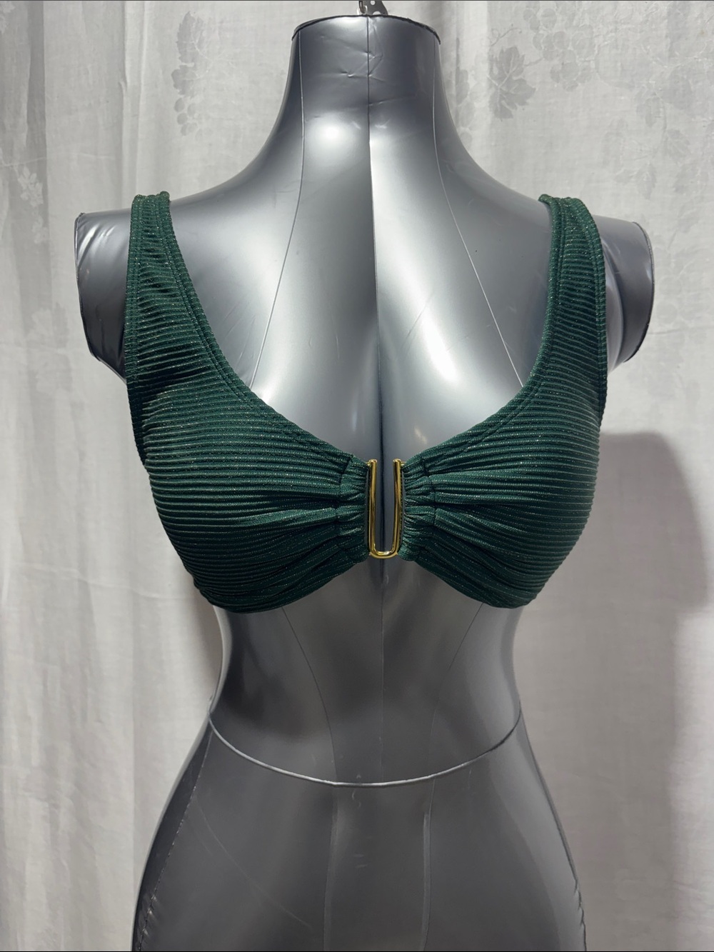 Deep Green Ribbed Bikini Top with Gold Accent